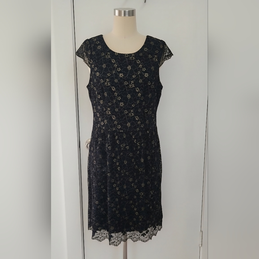 Gianni Bini Black Lace Midi Dress with Gold Floral Accent
